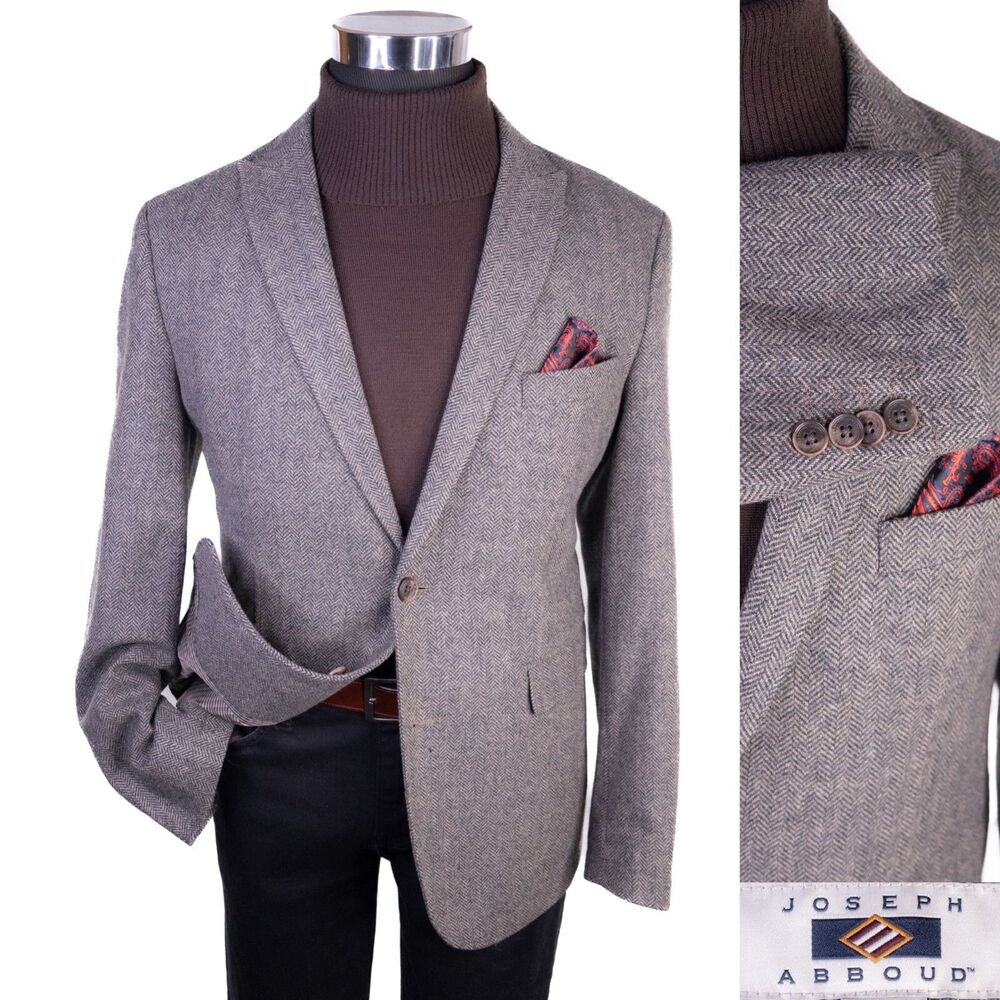 Joseph Abboud Mens Two Button Blazer Sport Coat Herringbone Wool Blend Sz M (42)